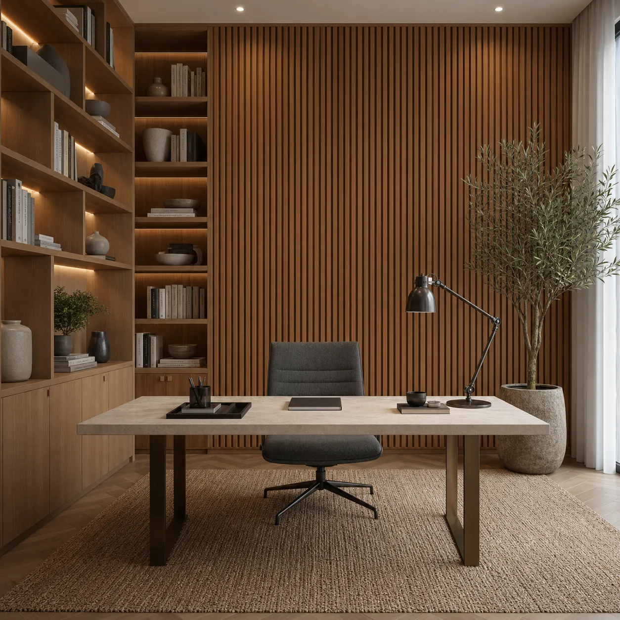 Home office with vertical wood wall panels and built-in shelves