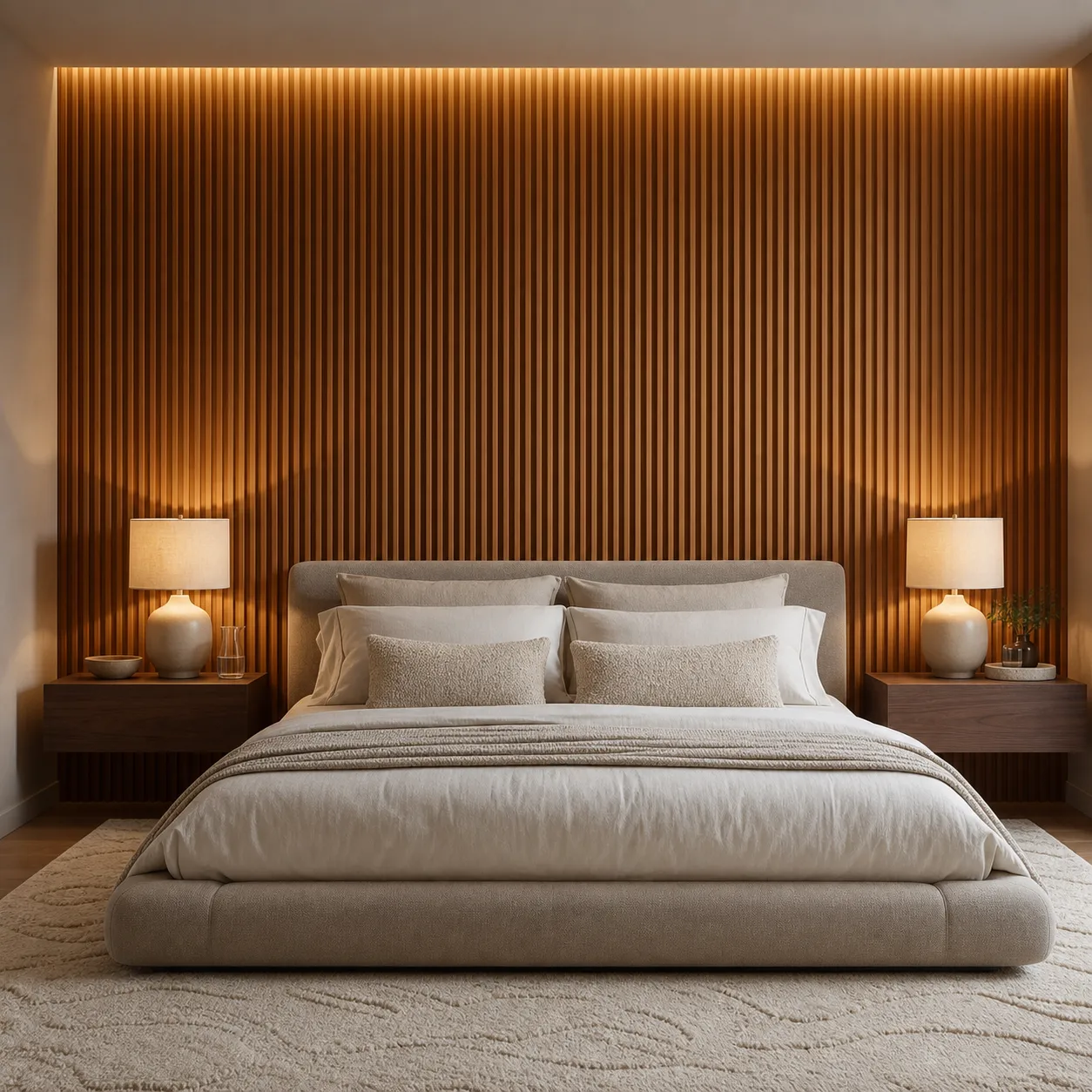 Bedroom with a lit wood slat wall behind the bed