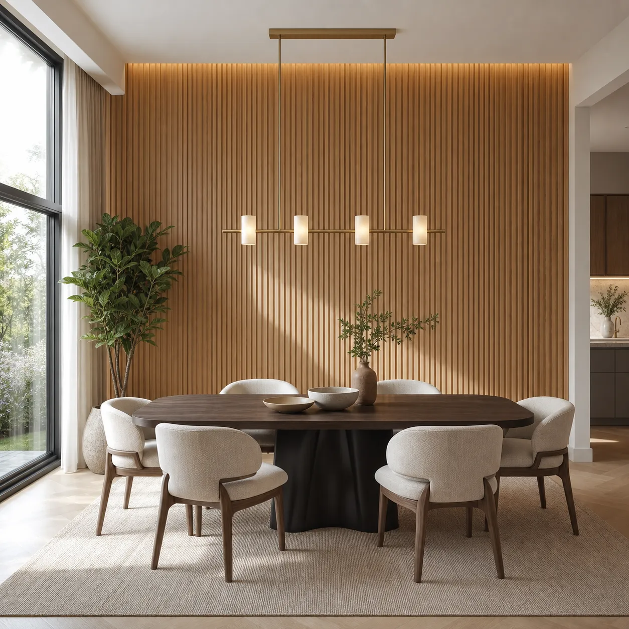 Dining area with vertical wood wall panels and pendant lighting