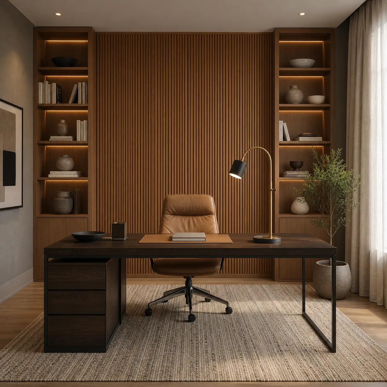 Study with a wood-paneled wall, desk and shelving