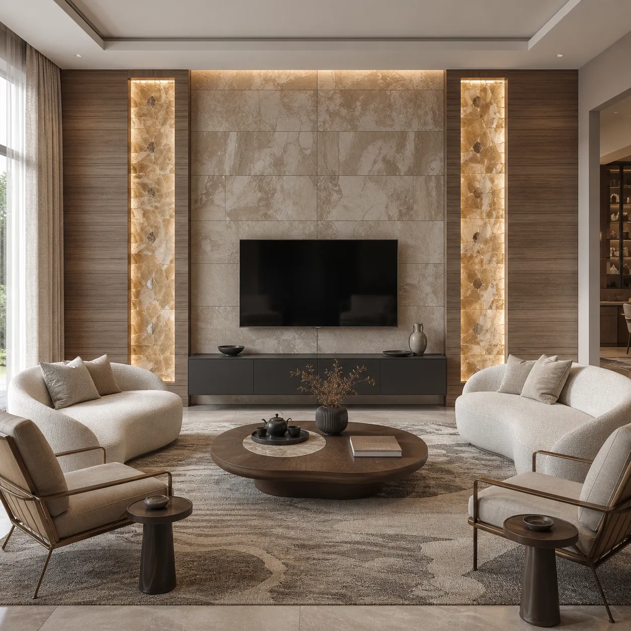 Living room with a stone-pattern fireplace wall and wood side panels