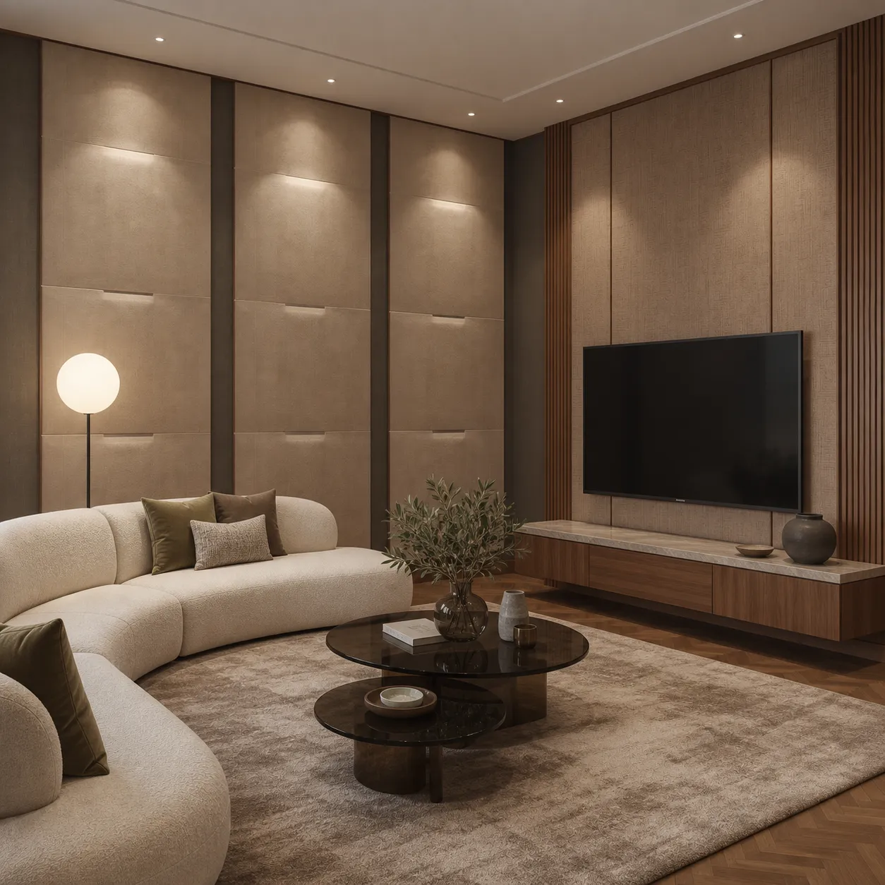 Living room with padded wall panels behind a television and curved sofa