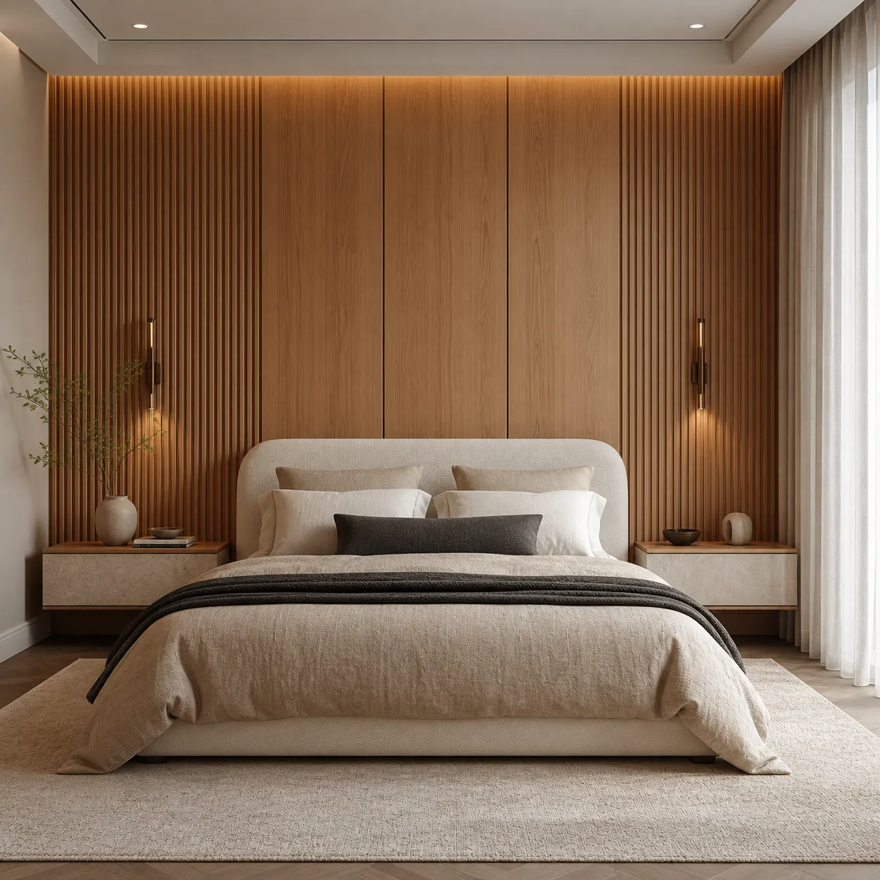 Bedroom with a wood-paneled wall behind the bed