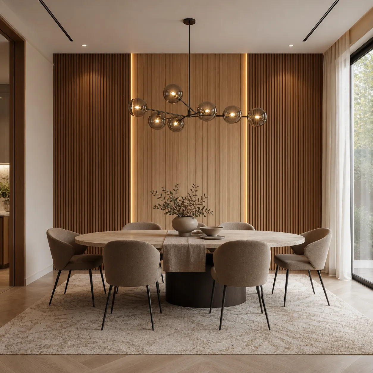 Dining room with wood wall panels and a round dining table