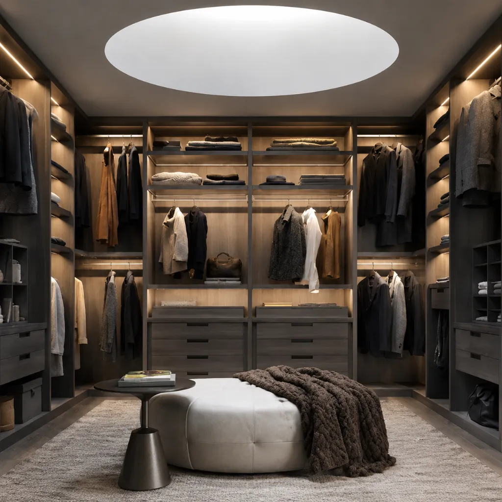 Walk-in wardrobe with illuminated shelves and an oval ceiling light