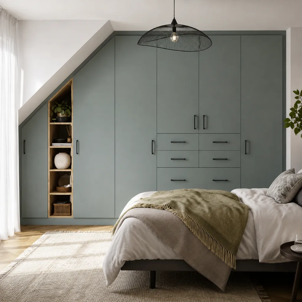 Muted green wardrobe fitted beneath a sloping ceiling