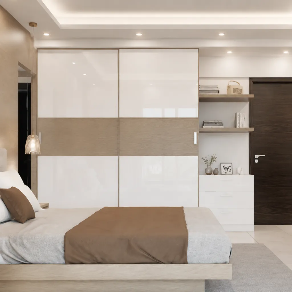 White bedroom wardrobe with open shelving