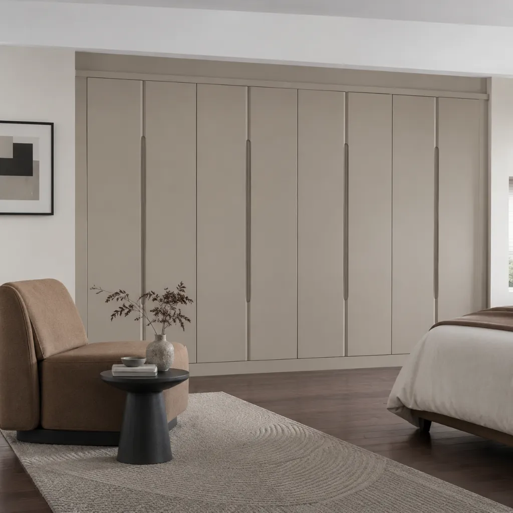 Light gray built-in wardrobe in a bedroom
