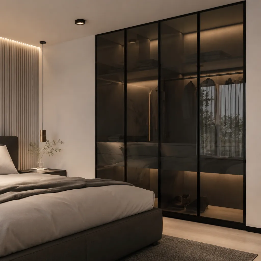 Dark glass-front wardrobe beside a bed