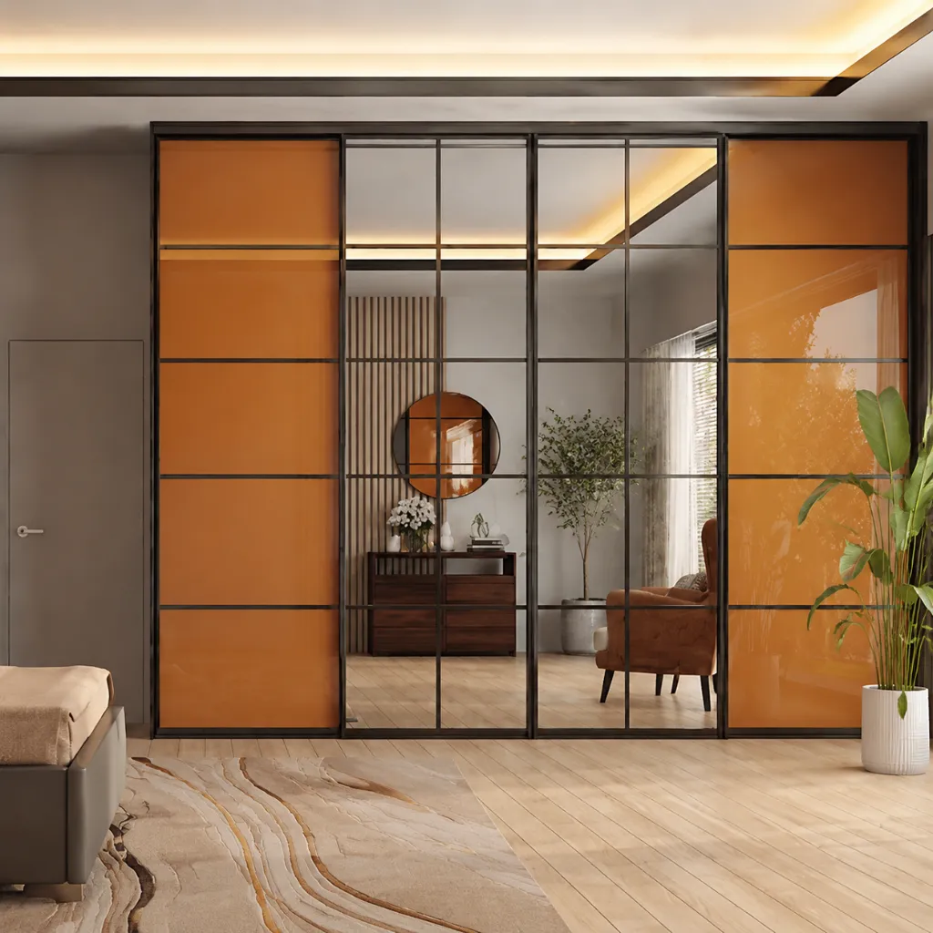 Wardrobe with amber panels and dark glass doors
