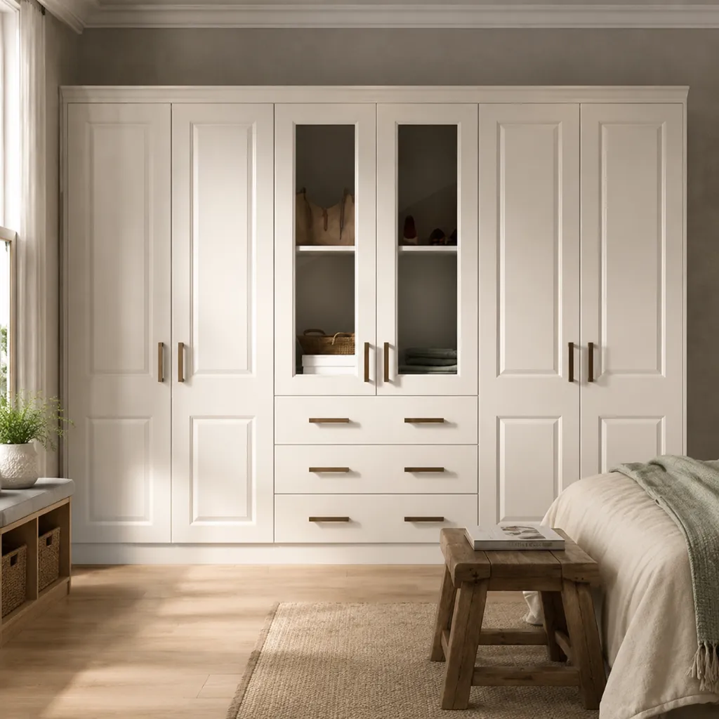 White built-in wardrobe with central drawers