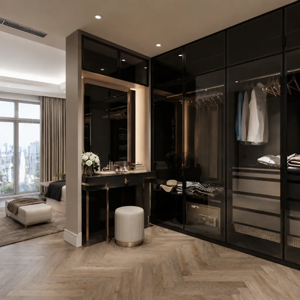 Dark glass-front wardrobe with a central dressing table