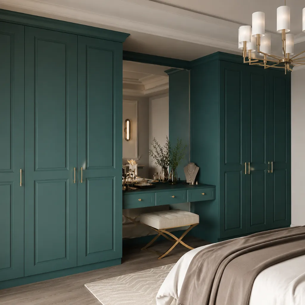 Teal bedroom wardrobe with a dressing table