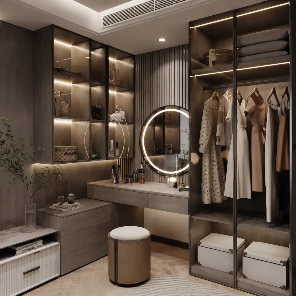 Walk-in wardrobe with dark shelves and a dressing mirror