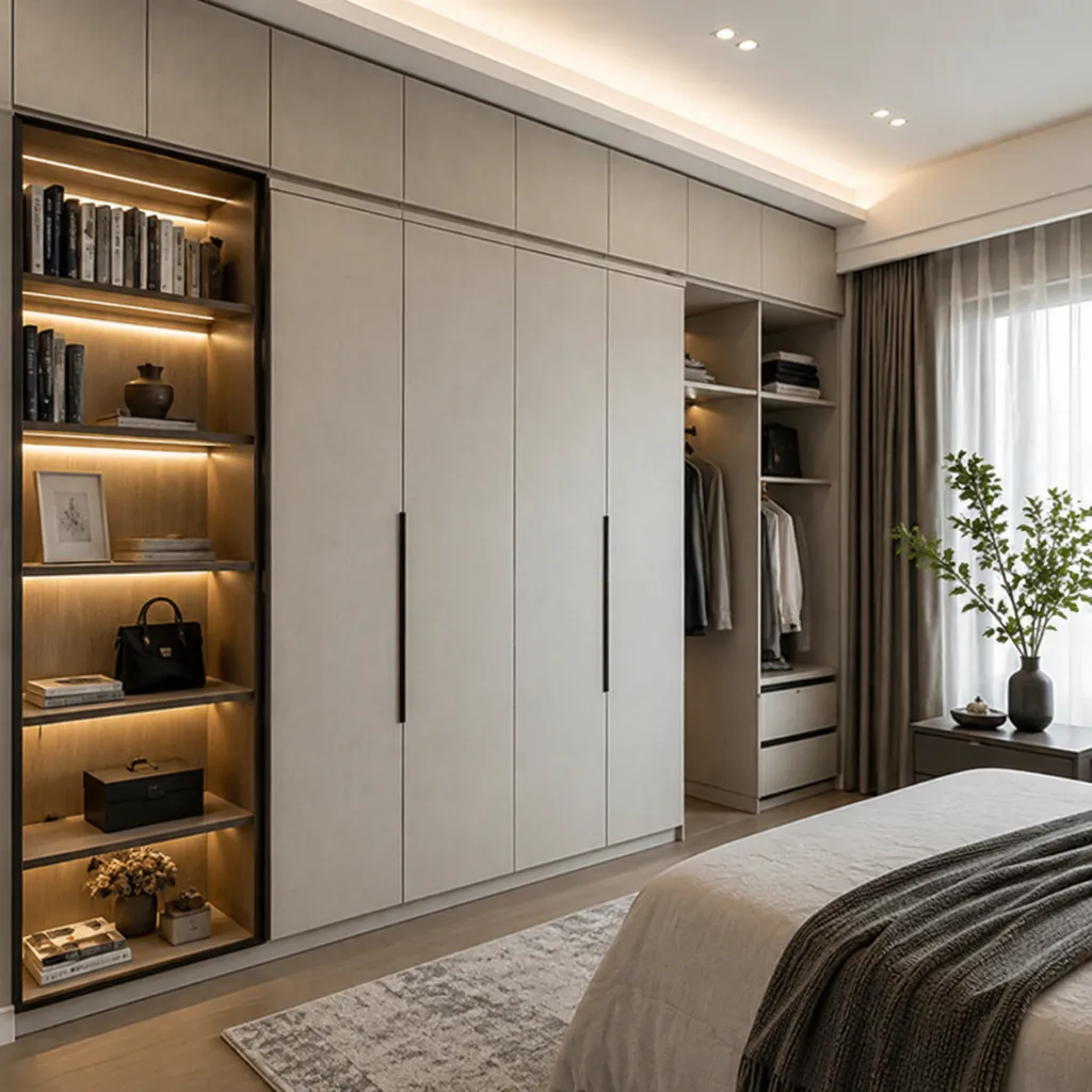 Light bedroom wardrobe with illuminated open shelves