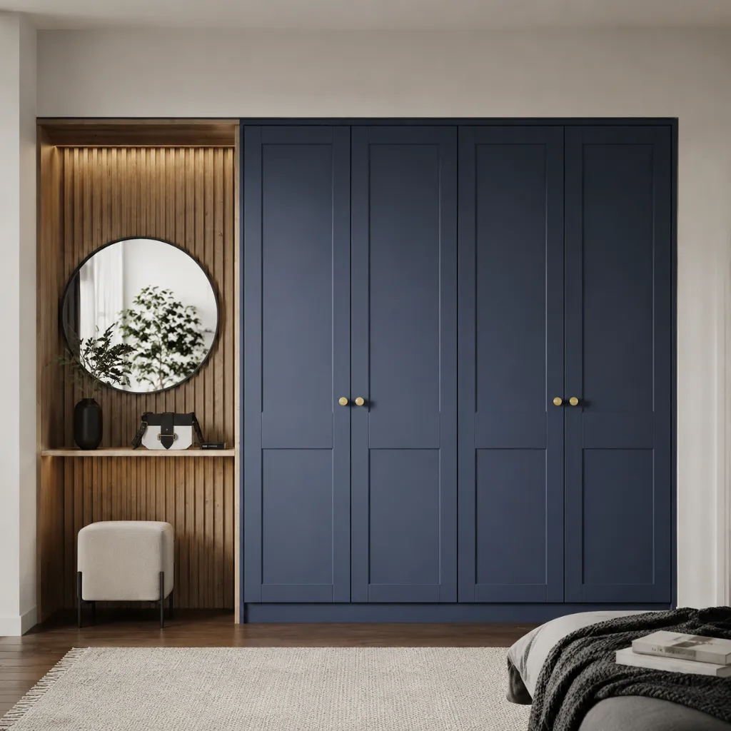 Blue wardrobe beside wooden dressing shelves