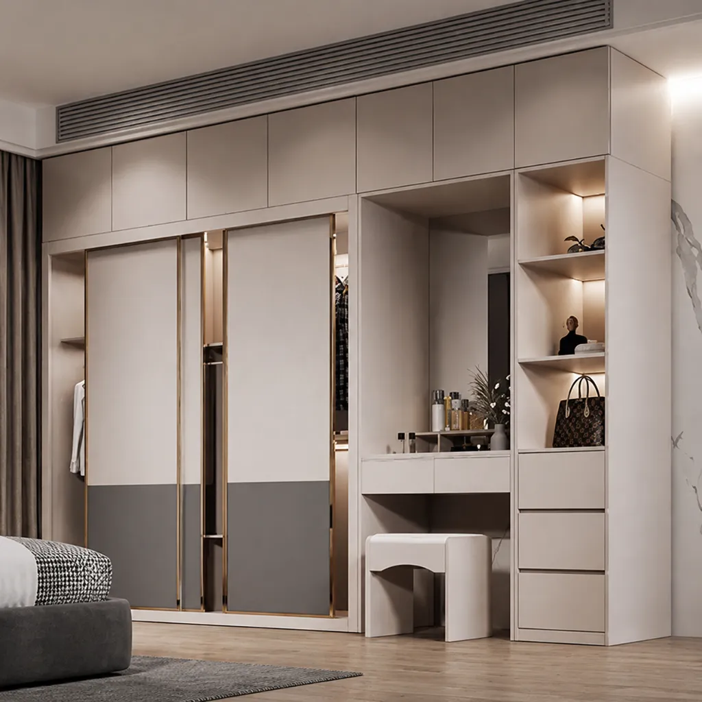 Built-in wardrobe with a dressing table and illuminated shelves