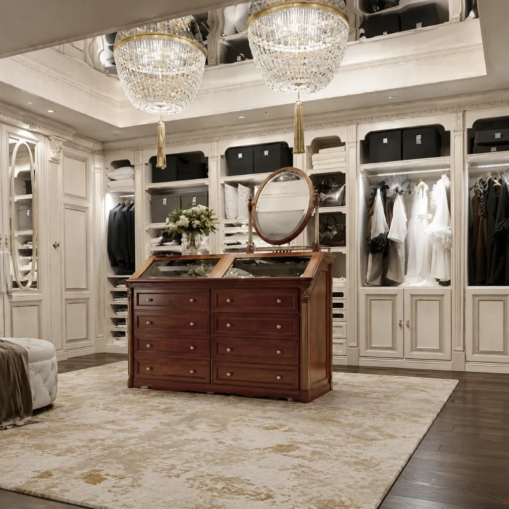 Walk-in wardrobe with cream cabinets and a dark wooden island