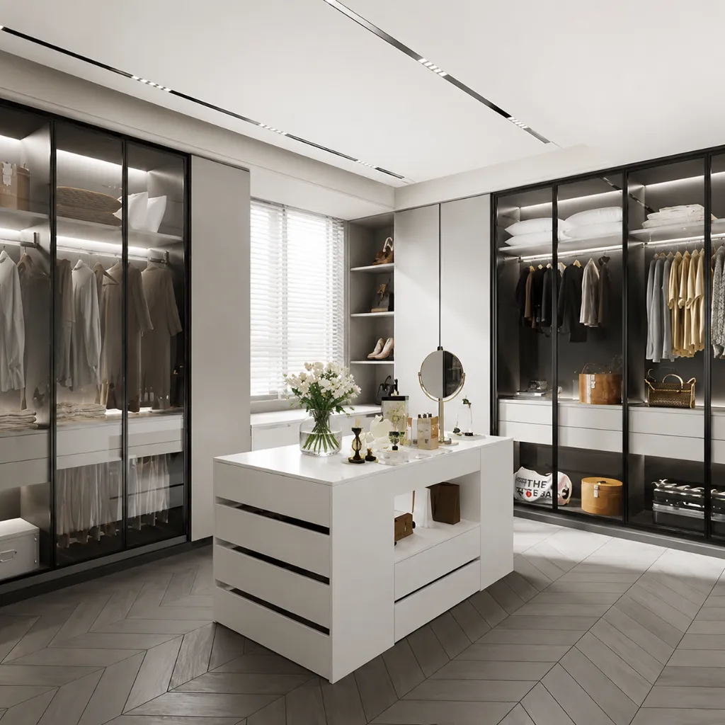 Walk-in wardrobe with glass doors and a central white island