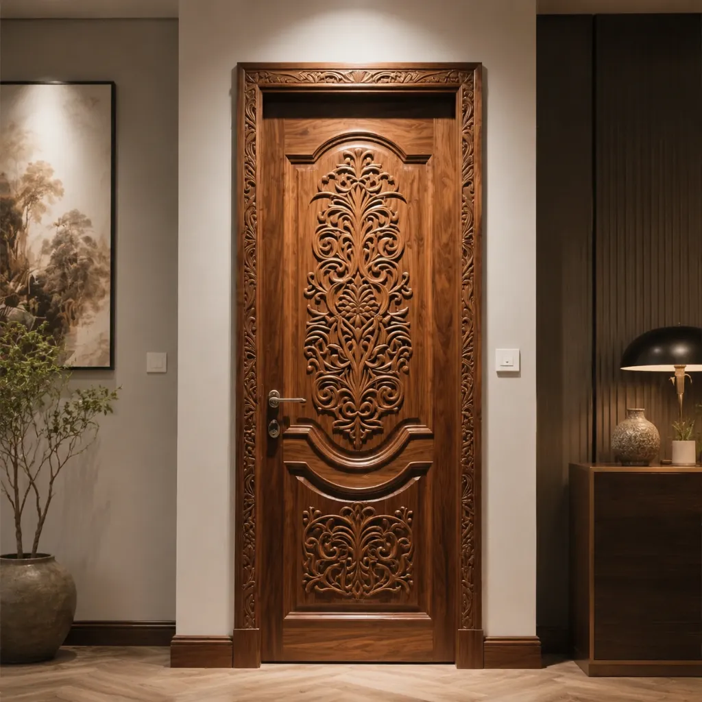 Ornately carved wooden interior door