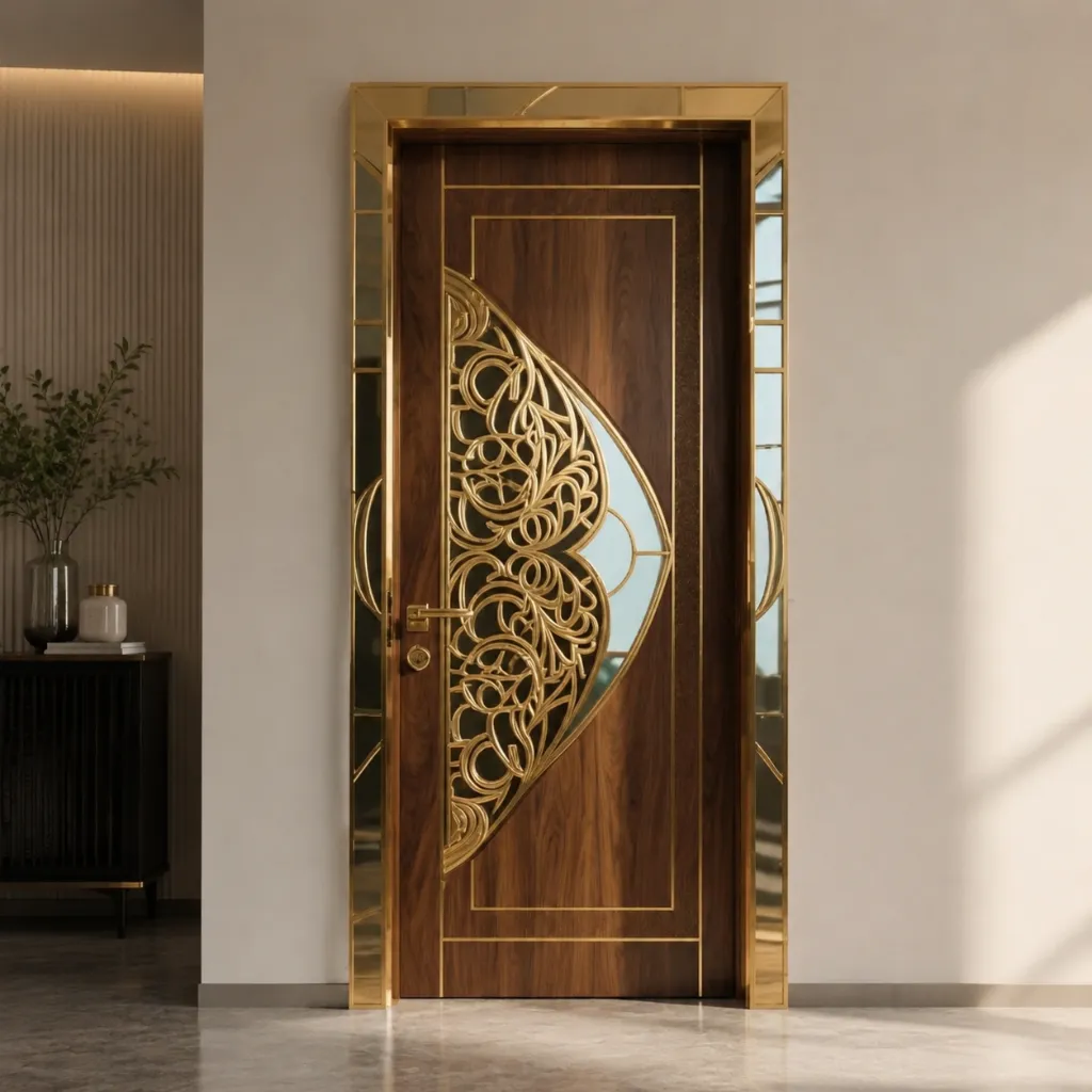 Wooden entry door with gold-colored decorative glass