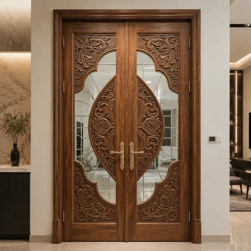 Carved wooden double doors with decorative central glass