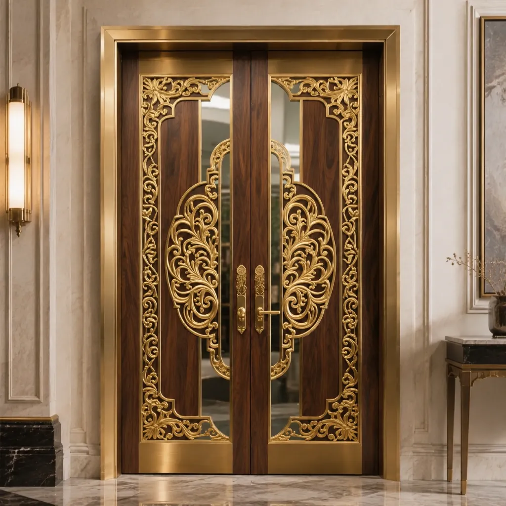Wooden double entry doors with gold-colored decoration