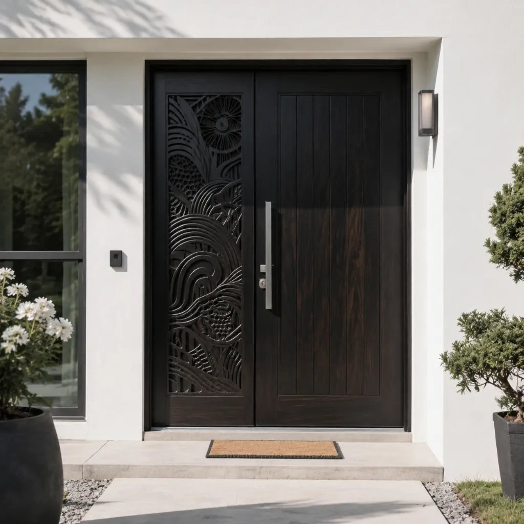 Dark carved wooden door at an entrance