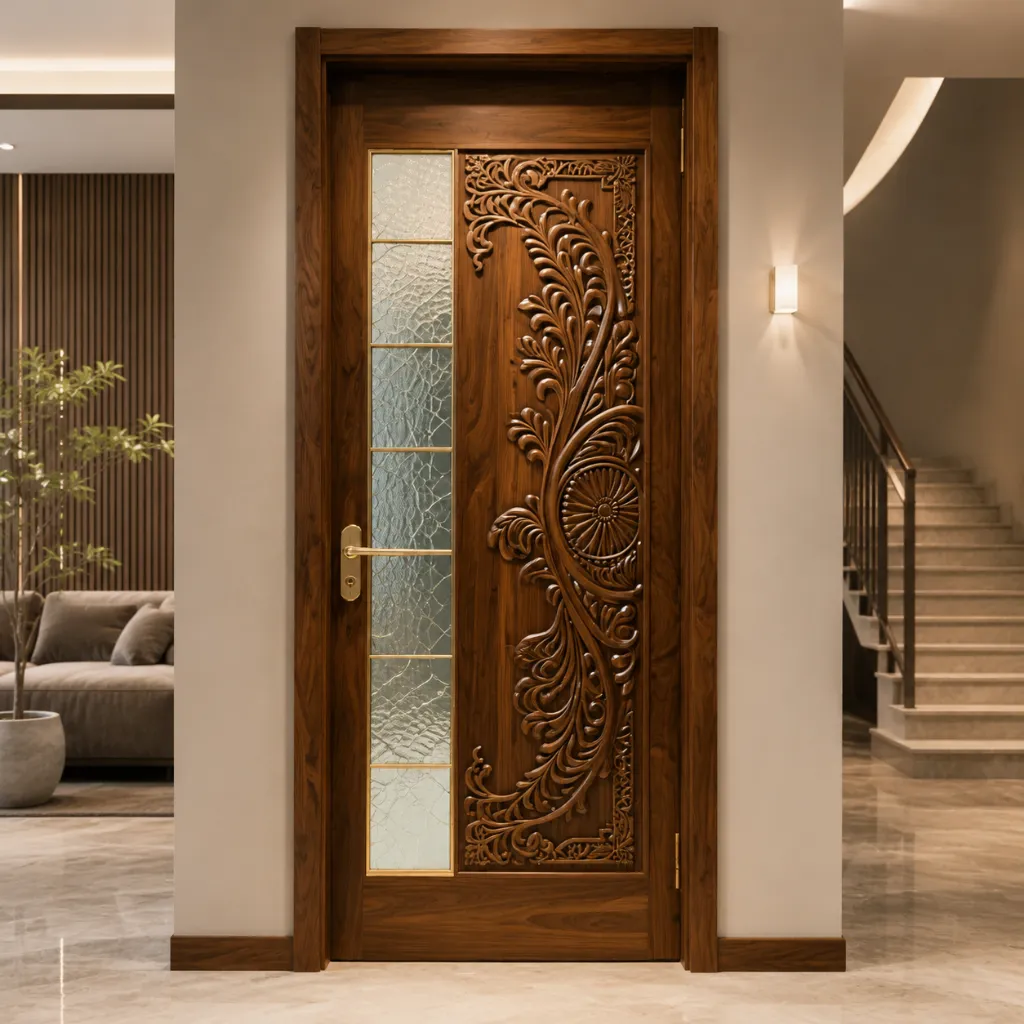 Carved wooden door with a vertical glazed side panel