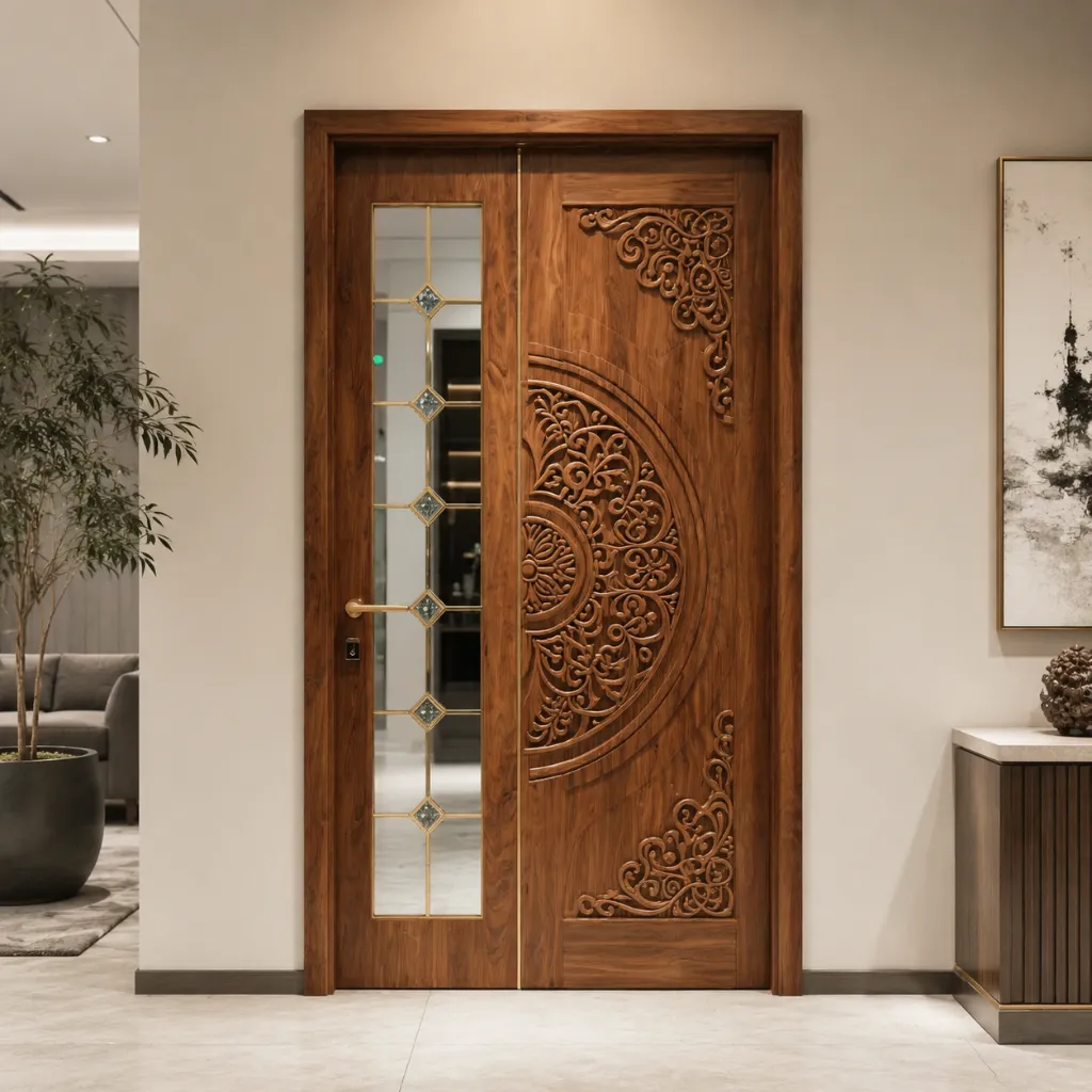 Decorative carved wooden door with a metal handle