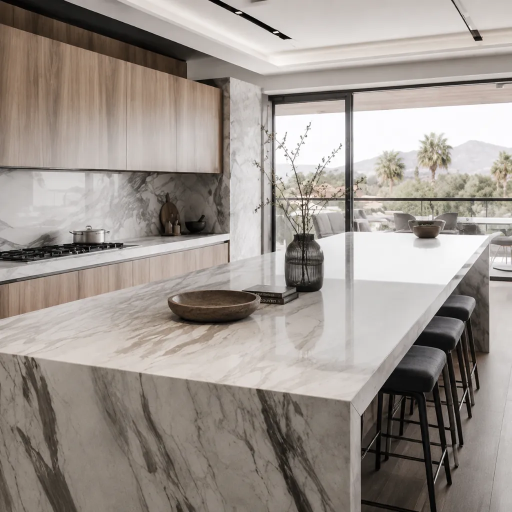 Bright kitchen with a veined stone-look island