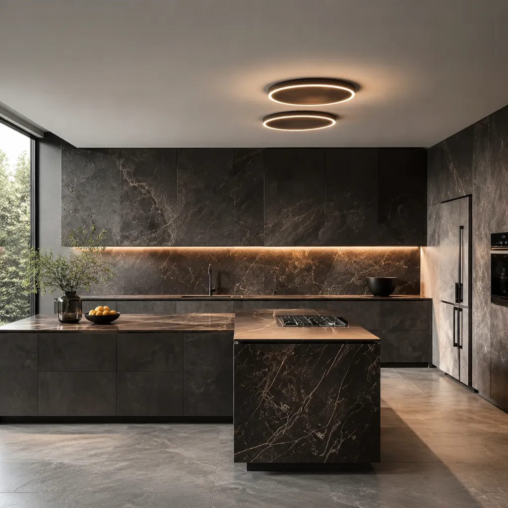 Dark kitchen island with a wood-paneled cabinet wall