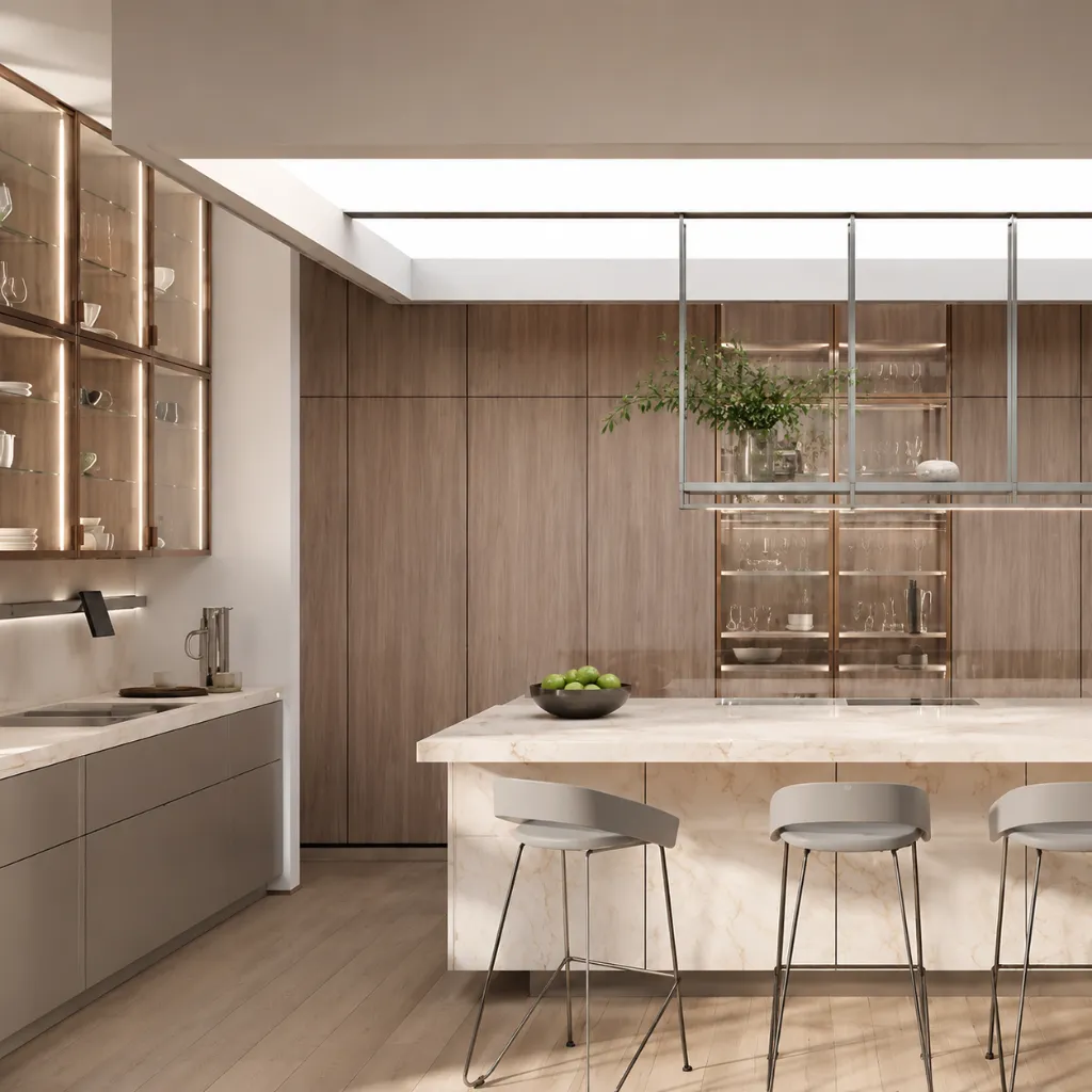 Light wooden kitchen with a white island and ceiling glazing