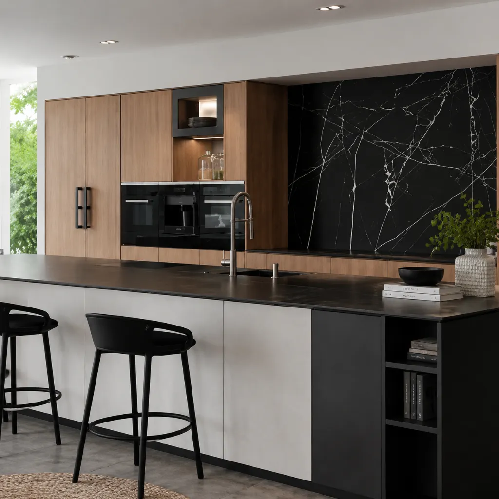 Kitchen with a pale island and contrasting dark backsplash