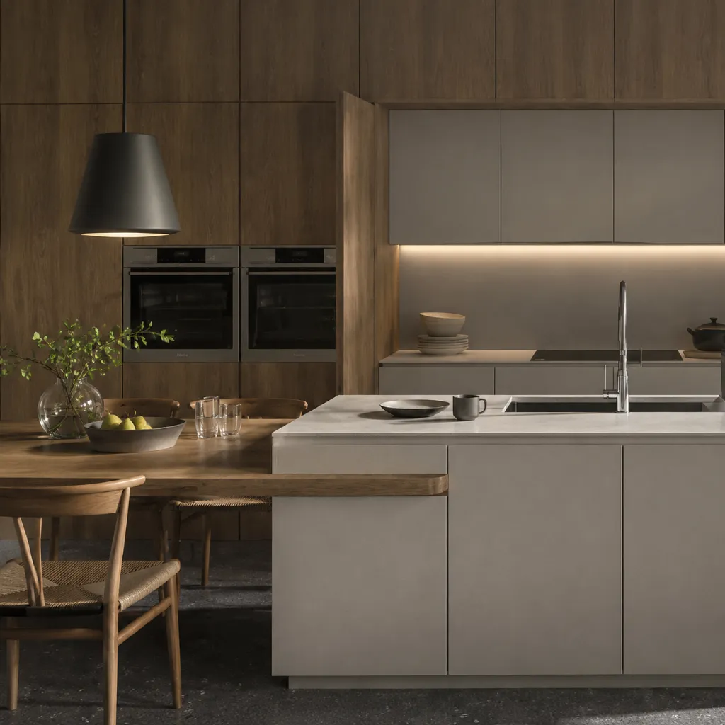 Wooden kitchen cabinets with a pale counter and pendant light