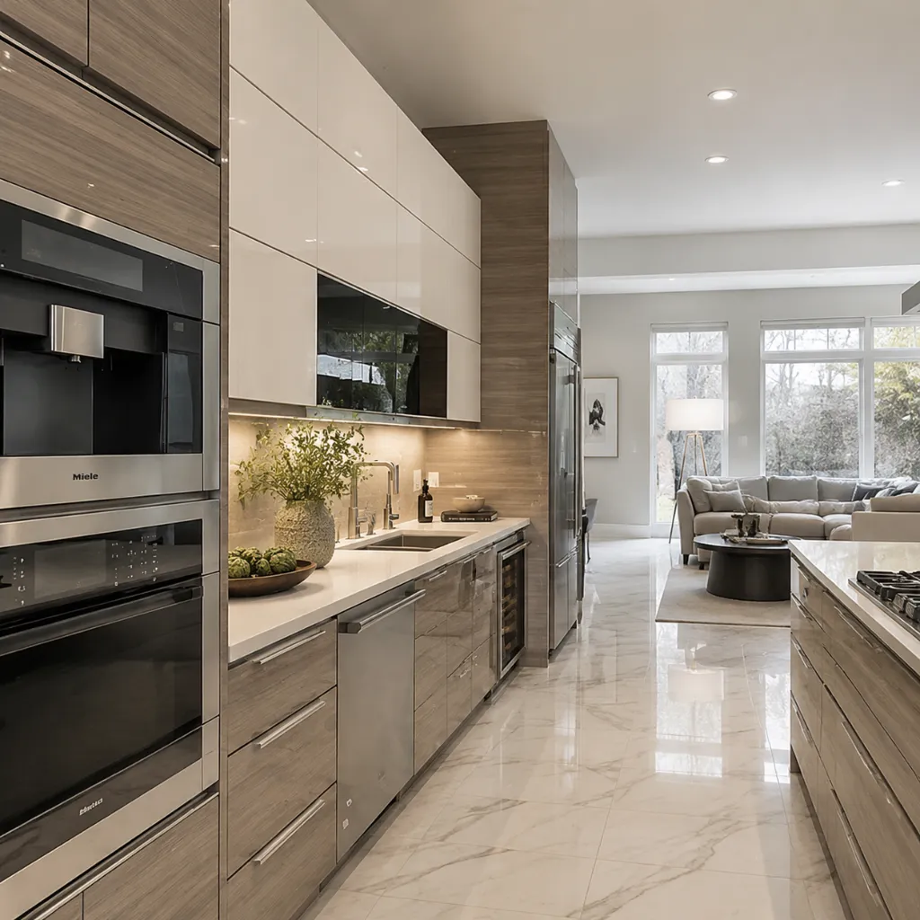 Wooden kitchen cabinets with built-in ovens and a central island