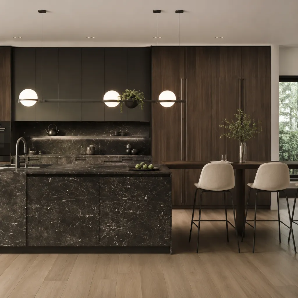 Dark kitchen island and wood-paneled cabinets
