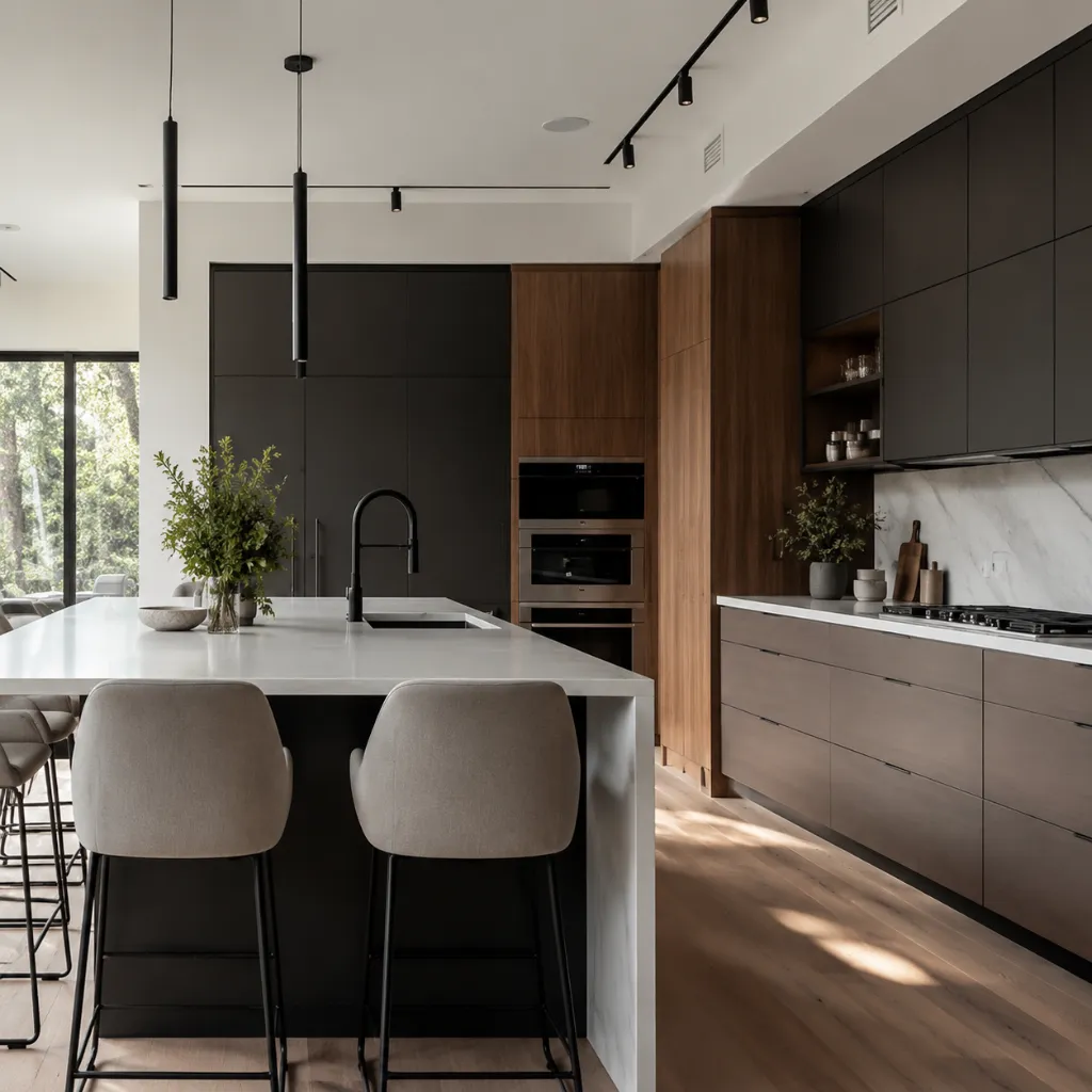 Wooden kitchen cabinets with a pale island and upholstered stools