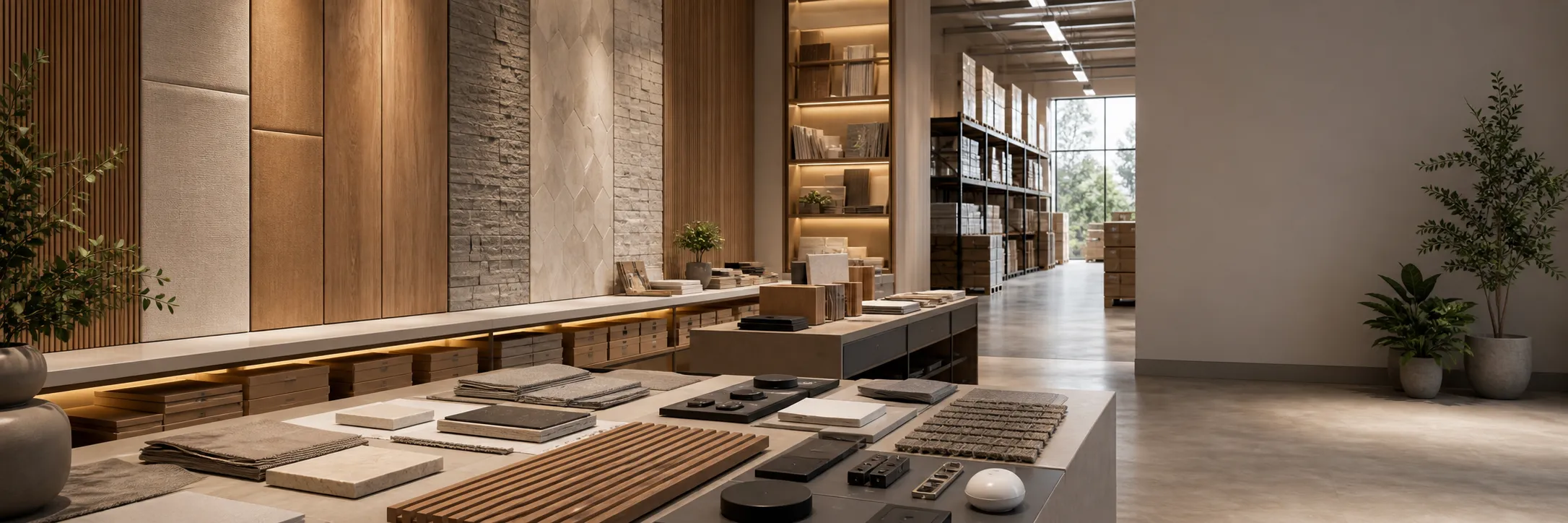 Interior with wooden wall panels and rows of material samples