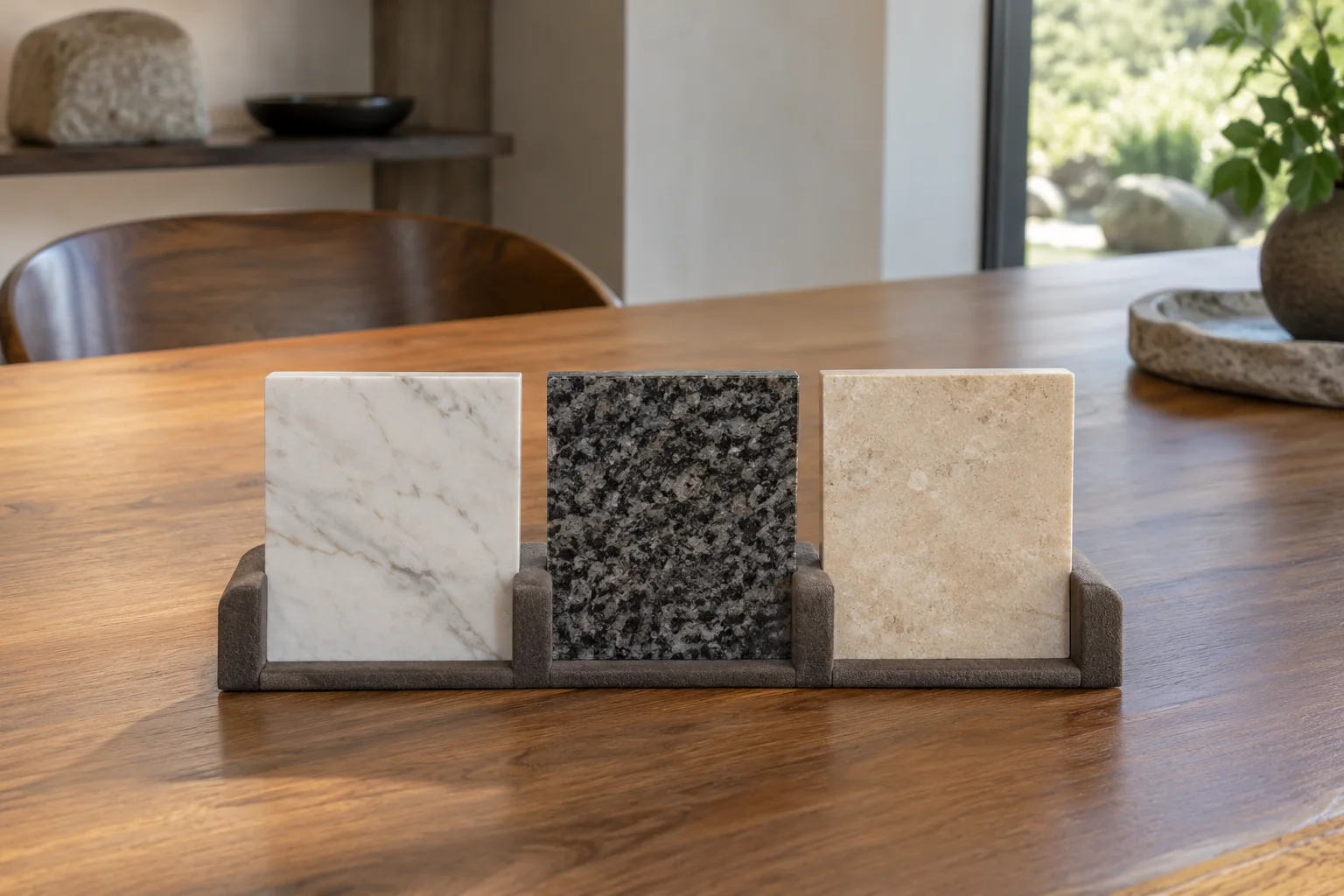 AI illustration of three stone-like slab specimens safely supported in a padded sample rack