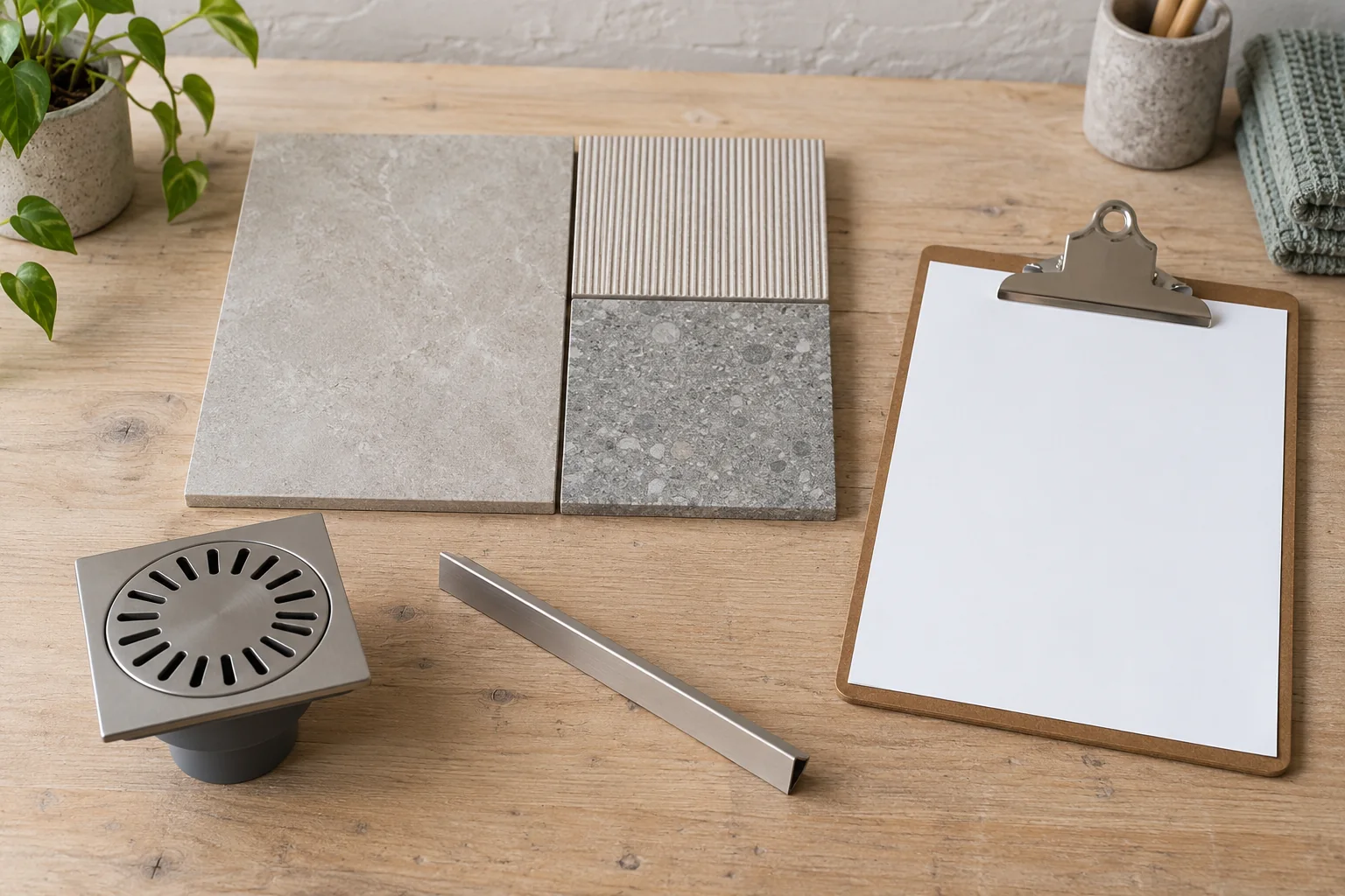 Three tile-like appearance references with an independent drain-like object, short trim and blank clipboard
