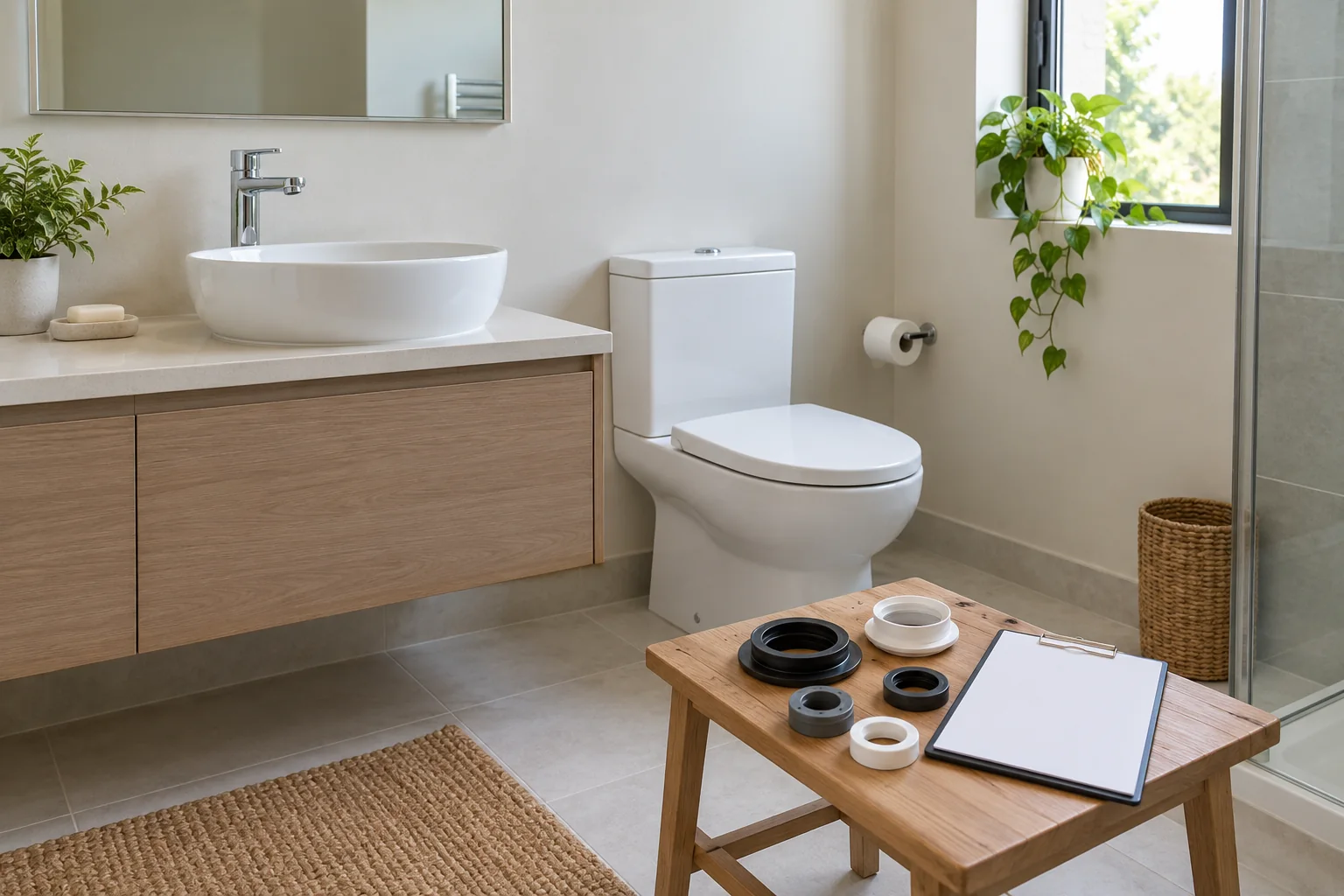 Installed-looking basin and toilet arrangement beside plain samples and a blank clipboard