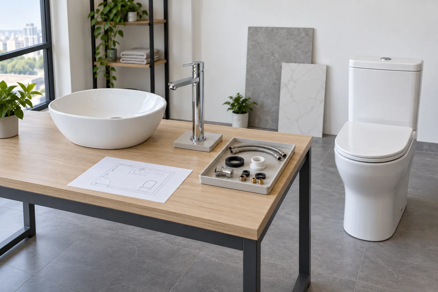 Separate basin, faucet on a demonstration plate and toilet beside plain connection-shaped samples