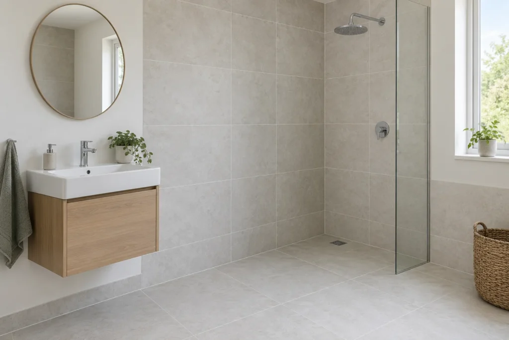 Pale tile-like bathroom walls and floor beside a complete basin cabinet and dry shower reference