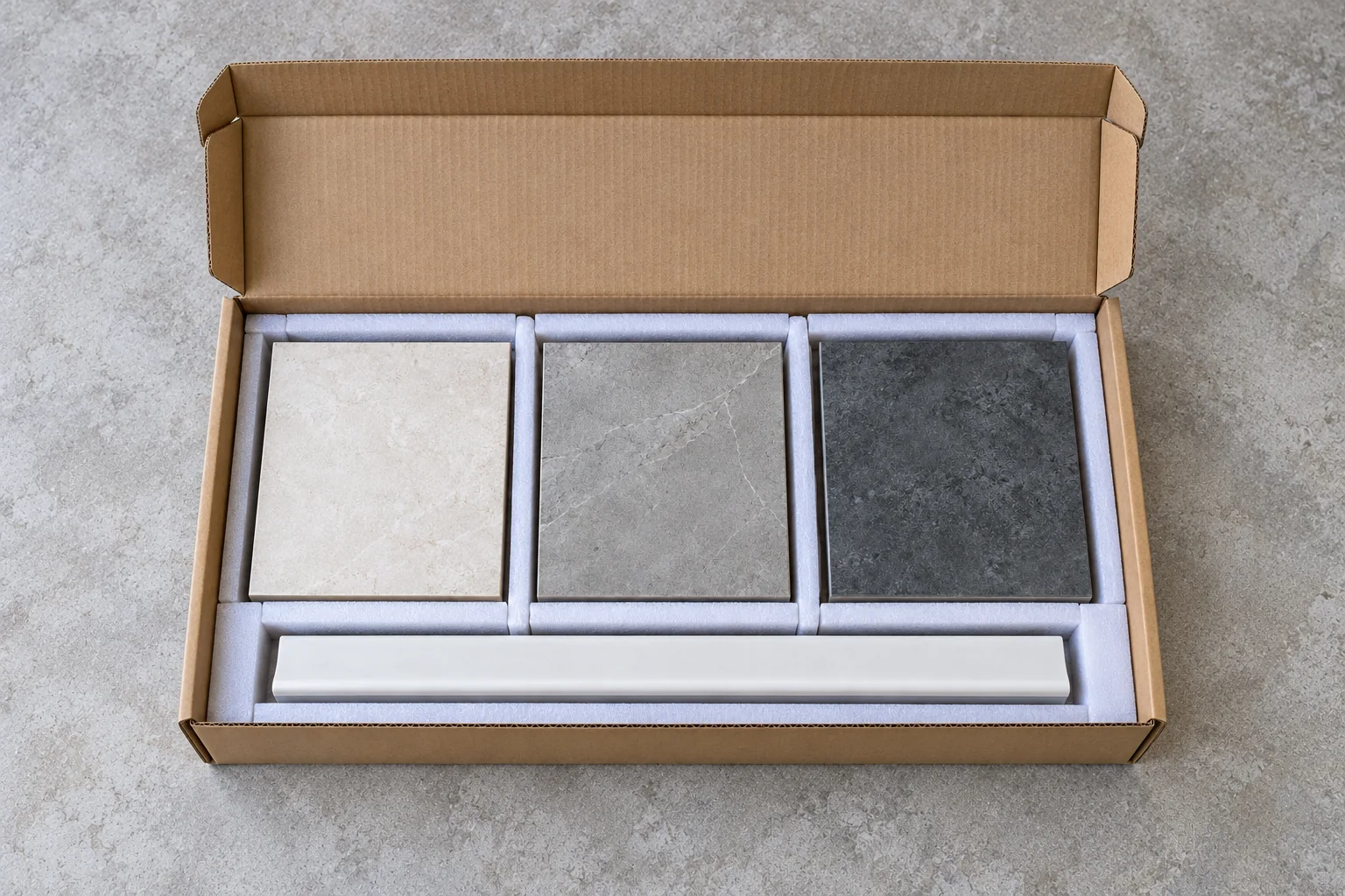 Three complete different-tone specimens and an independent trim reference protected inside a complete carton