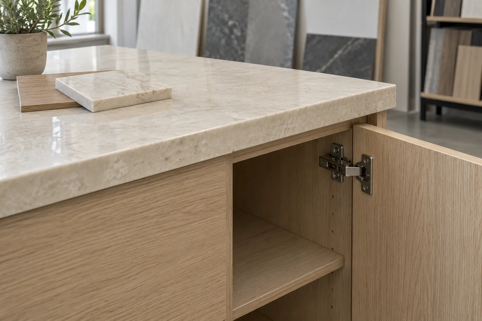Cabinet corner, countertop sample and hardware arranged for an interface mock-up review