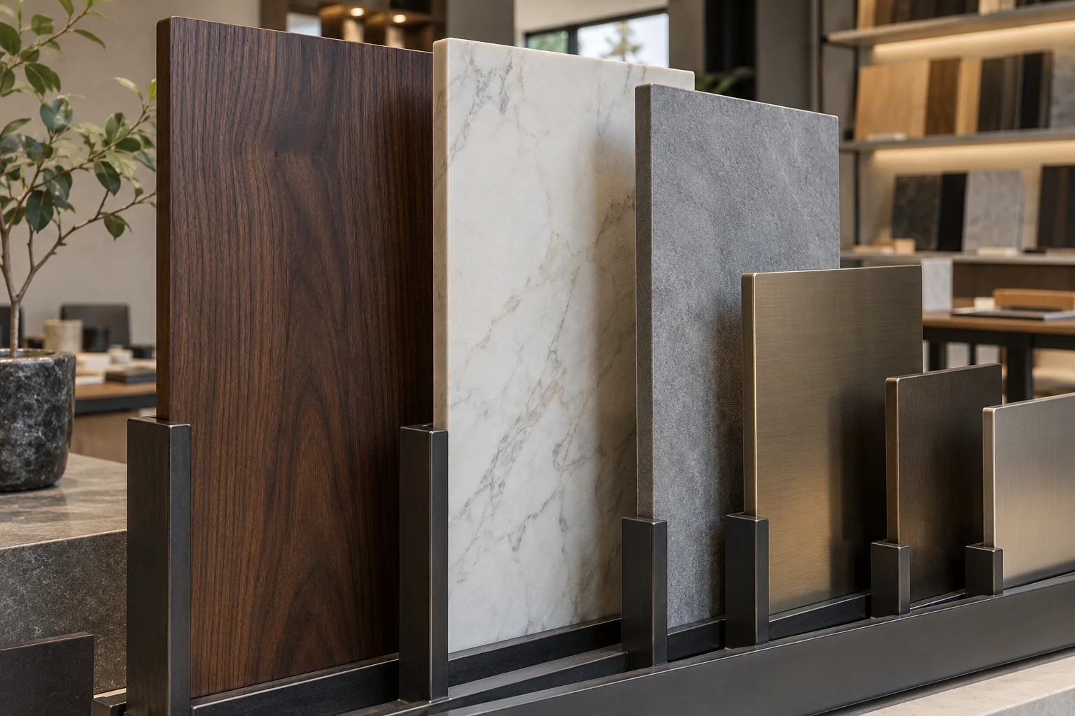 Stone, wood, porcelain and metal finish samples compared together under neutral light