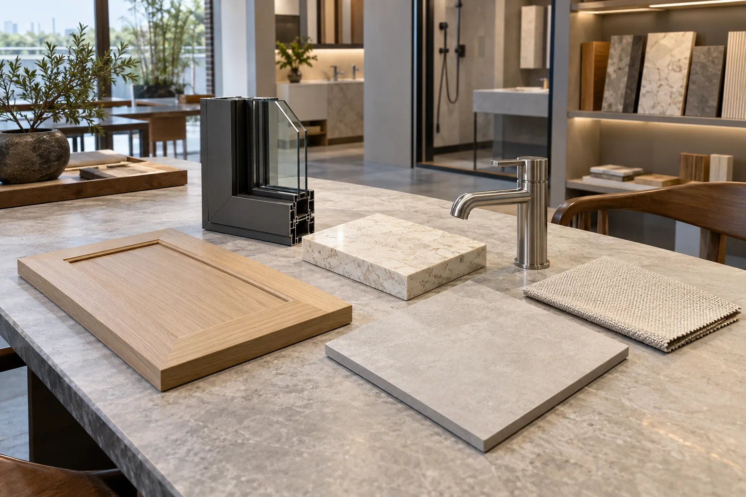 Distinct cabinet, window, stone and tile samples arranged for a coordinated project review