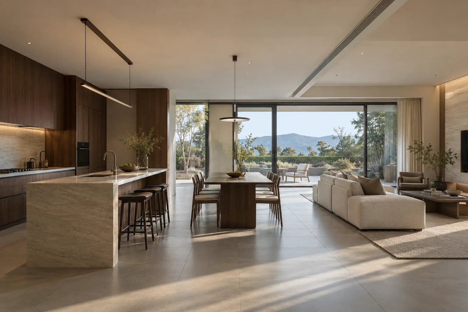 Coordinated kitchen and living space with cabinet, stone, door and lighting interfaces visible