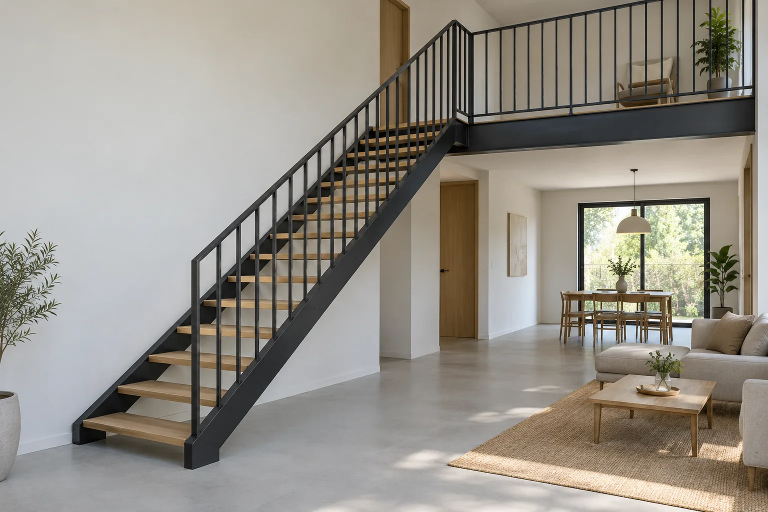 Plain straight staircase concept with visible supports, treads and railing components